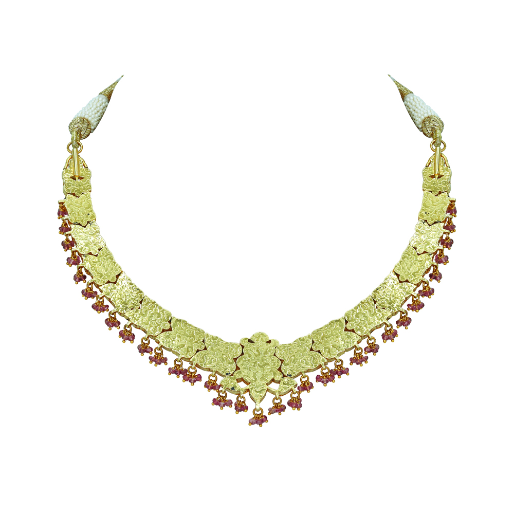 Floral Polki Necklace with Tourmaline Beads and Ruby Accents